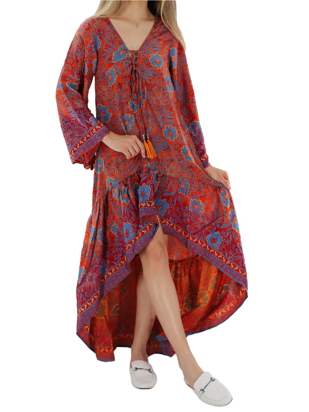 Elegant 100% silk High-Low Floral Dress in Red and Blue